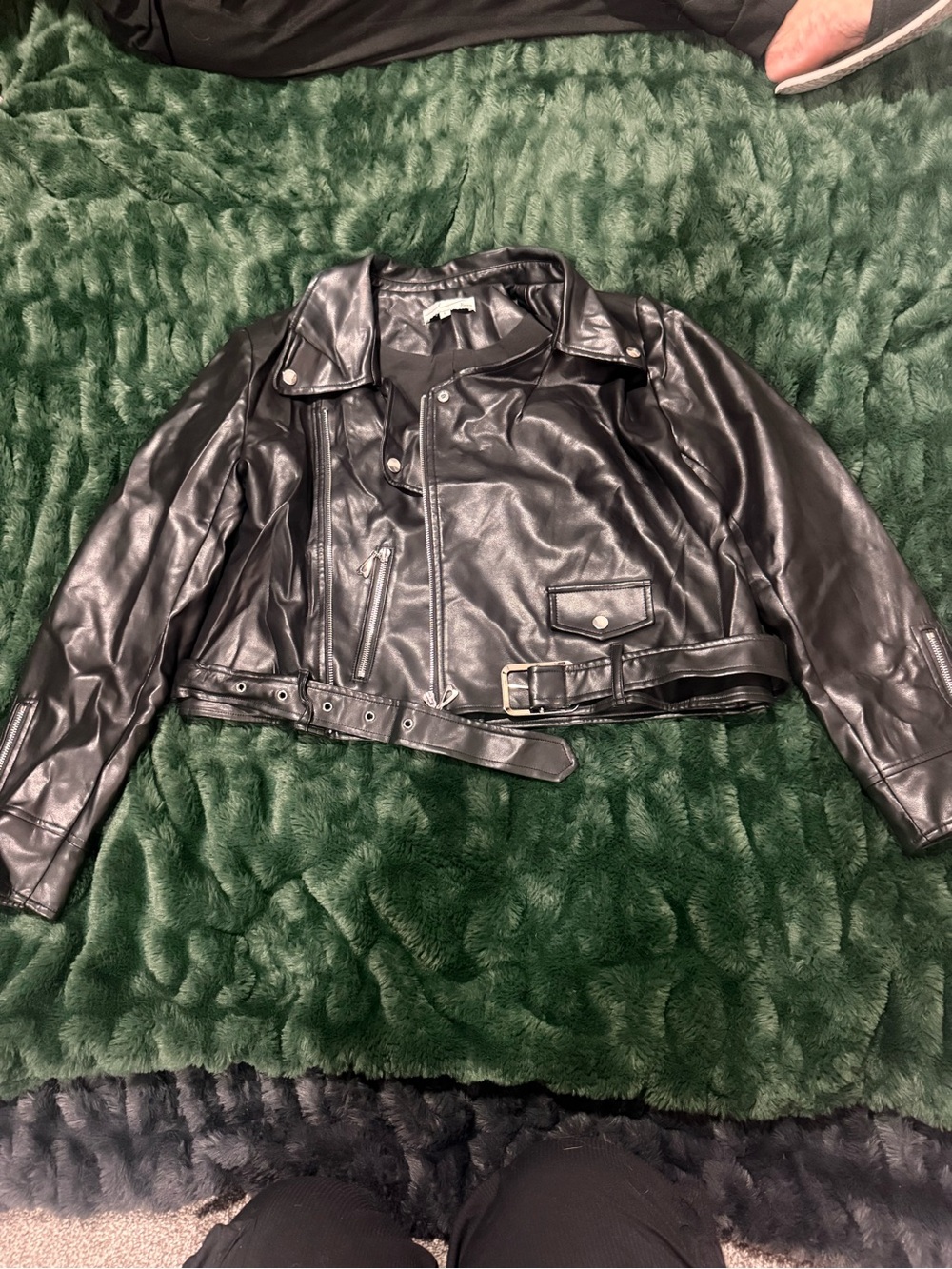 Cropped Black Faux Leather Moto Jacket with Belt